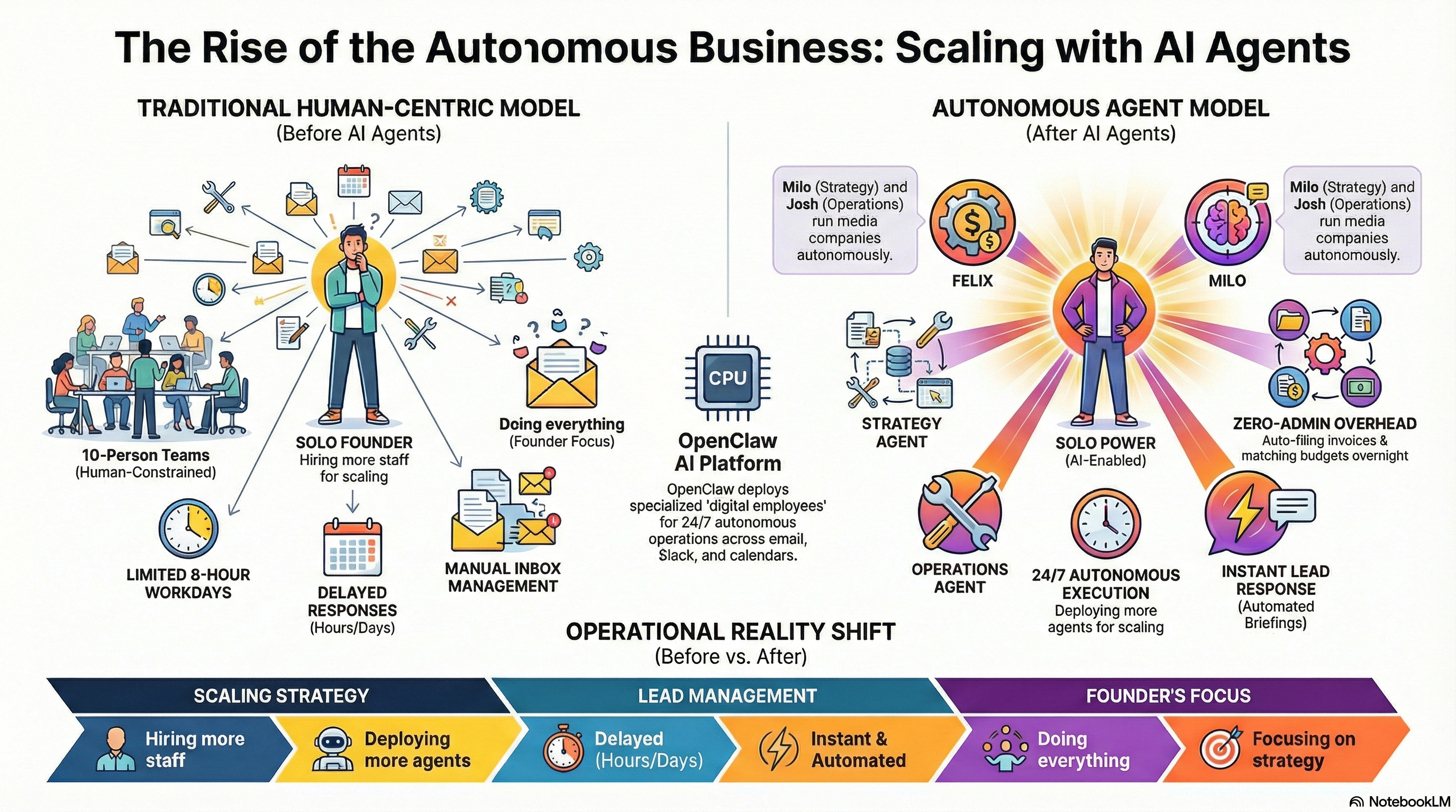 The Rise of the Autonomous Business: Scaling with AI Agents — Traditional vs Autonomous Agent Model comparison